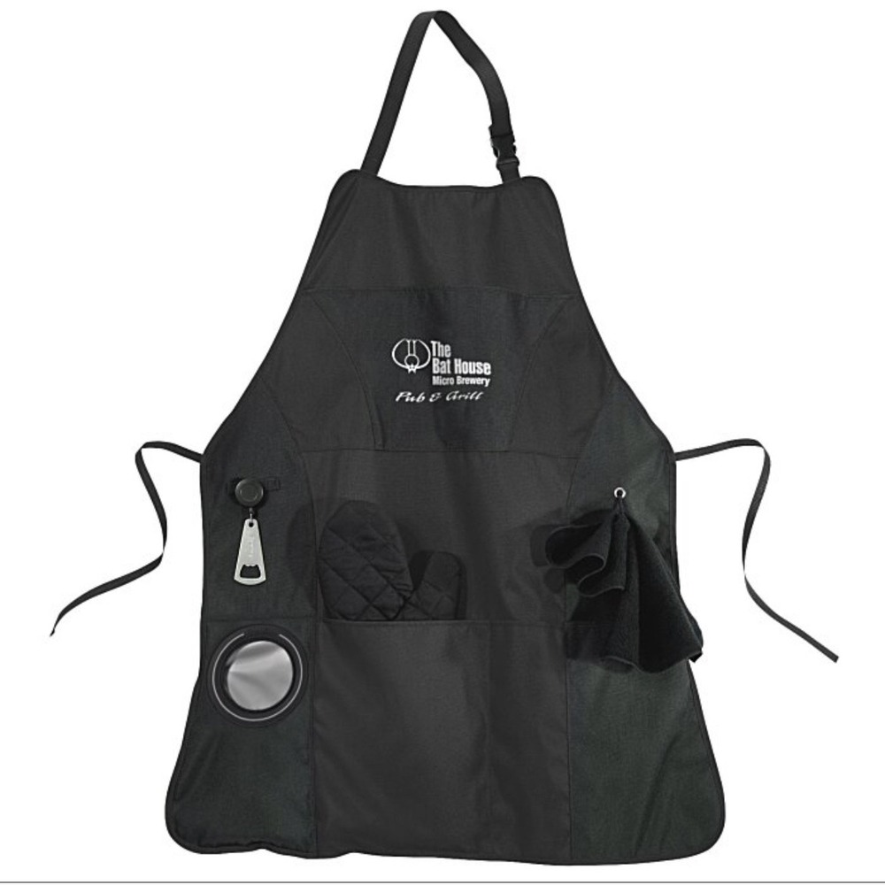 Gemline Grill Apron Black Bottle Opener, towel holder and pockets